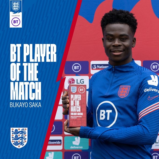 对阵奥地利斩获处子球，萨卡当选英格兰本场比赛最佳