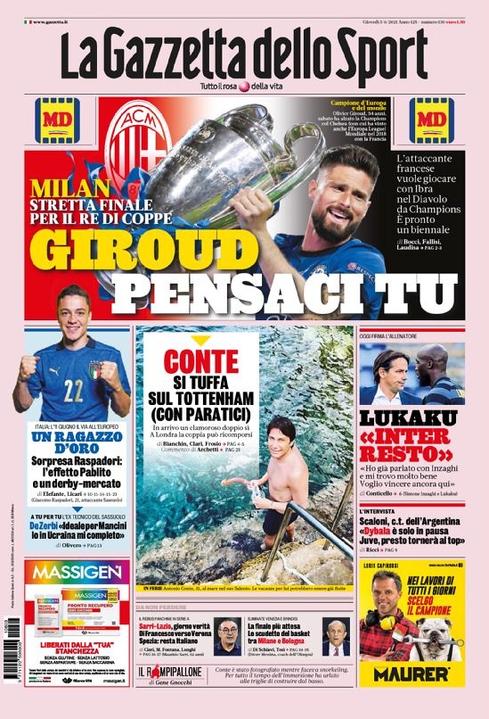 意甲今日头版:孔蒂接近回英超 米兰想依靠吉鲁