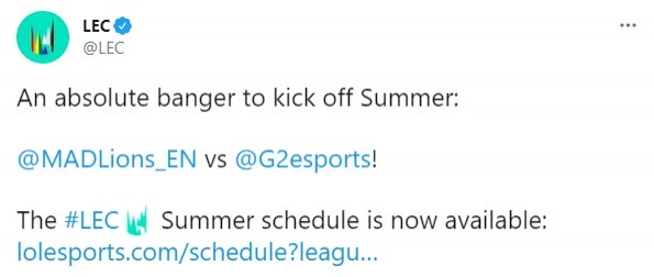 LEC夏季赛赛程公布:6月12日开打 揭幕战MAD对阵G2