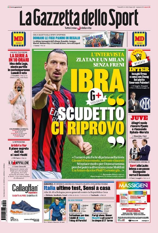 意甲今日头版:萨里和拉齐奥谈妥 尤文不反对C罗告别