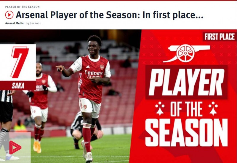 官方：19岁萨卡当选阿森纳本赛季最佳球员