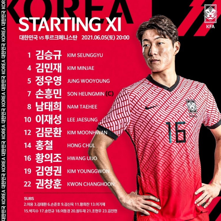 韩国vs土库曼斯坦首发:孙兴慜、黄义助先发,金玟哉搭档金英权