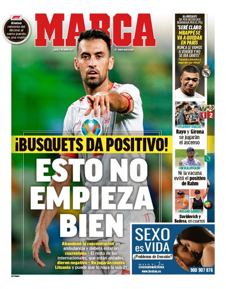 西甲今日头版：布斯克茨感染新冠 巴萨本周重点处理离队和降薪