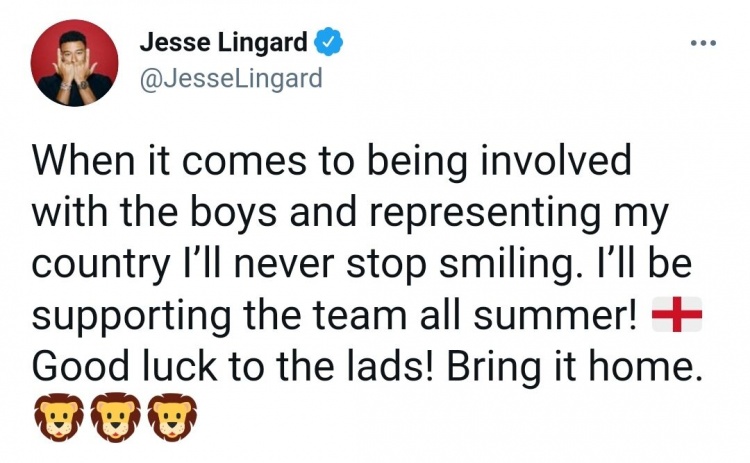 林加德：整个夏天我都会支持英格兰，小伙子们把冠军带回家吧！