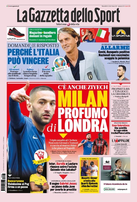 意甲今日头版：米兰想要齐耶赫 囧叔想引进哲科