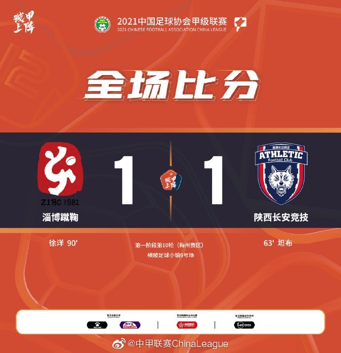 中甲-坦布破门徐洋第90分钟绝平 陕西长安竞技1-1淄博蹴鞠