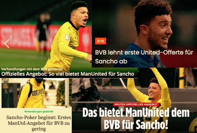 德甲今日头版:曼联6950万欧报价桑乔遭拒 萨内成为备战期的输家