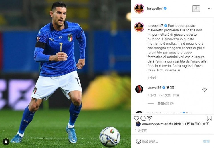 佩莱格里尼：退出国家队很痛苦 让我们一起为意大利加油