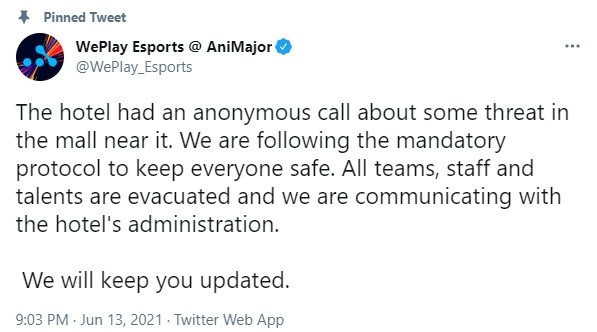 就离谱?Weplay官方称附近商场受到威胁 Xiao8透露酒店被放炸弹