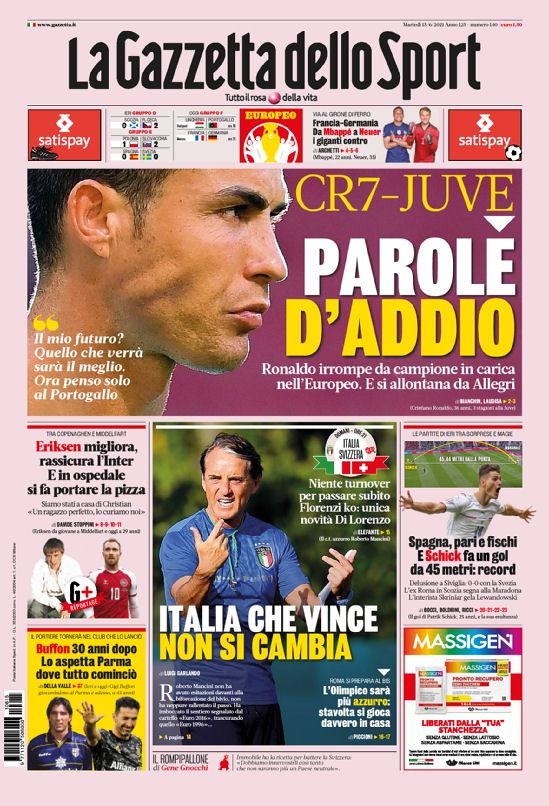 意甲今日头版:CR7讲出告别的话 战瑞士意大利不轮换