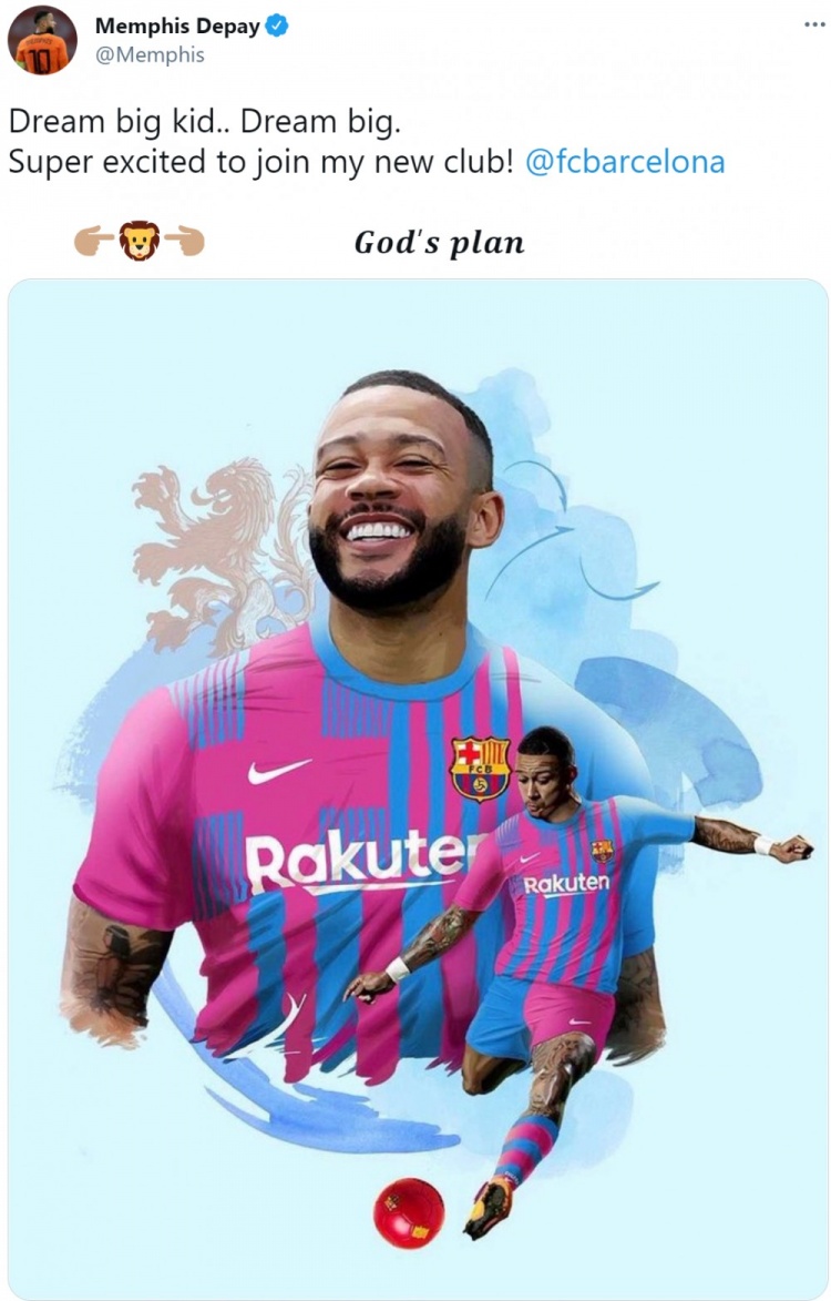 德佩推特谈加盟巴萨:所有孩子们都应该大胆去梦想