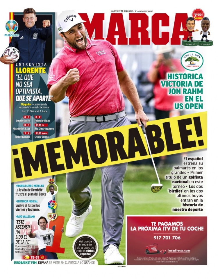 西甲今日头版:登贝莱可能将伤缺3个月 西班牙相信可以出线