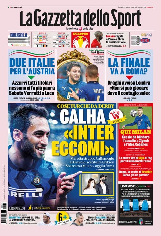 意甲今日头版:恰尔汗奥卢选择国米 意大利要当心奥地利