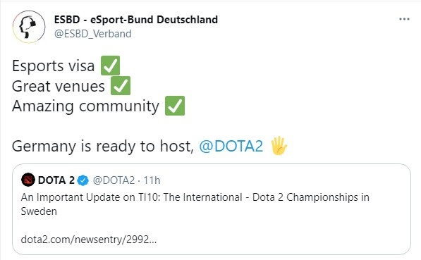 重回梦的起点！德国电竞联合会向Valve发出Ti举办邀请
