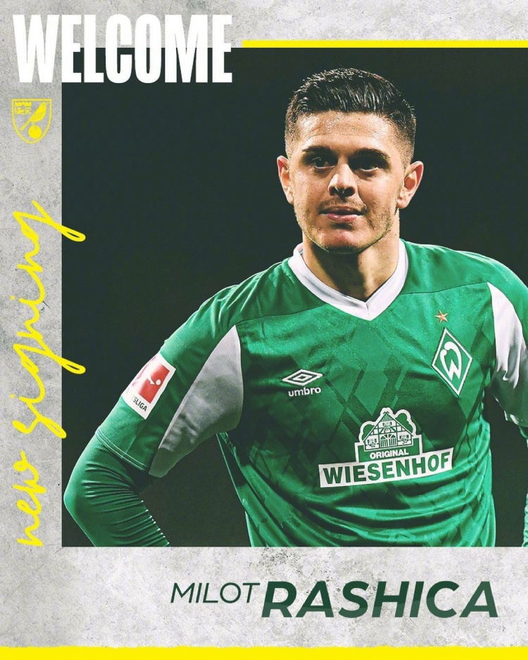 官方：英超新军诺维奇签下不莱梅边锋拉希察，双方签约四年