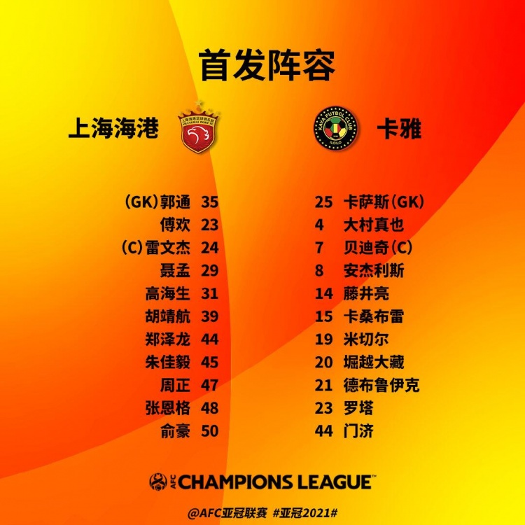 亚冠资格赛-上海海港vs卡雅首发:傅欢、雷文杰、胡靖航在列