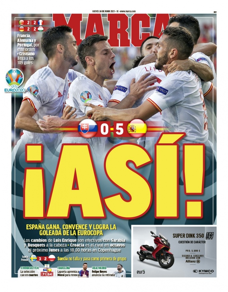 西甲今日头版:西班牙狂胜顺利出线 拉波尔塔催促梅西续约