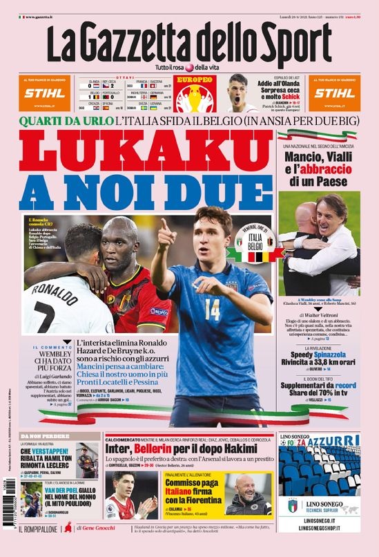 意甲今日头版：意大利对决卢卡库！国米边路首选贝莱林