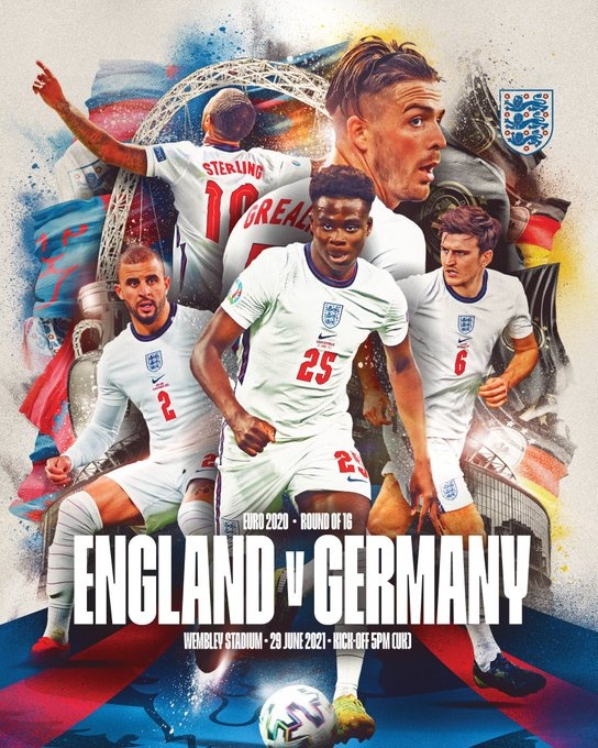 英格兰发布对阵德国海报：三狮五将为主角，萨卡占据中央位置