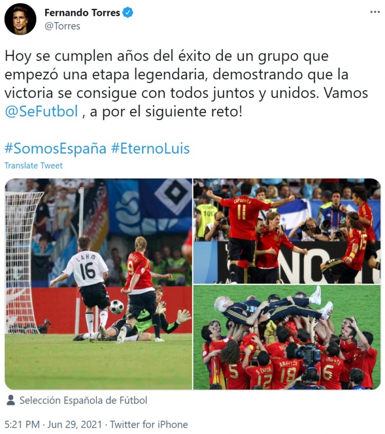 西班牙欧洲杯夺冠13周年纪念日，托雷斯发推鼓励球队：继续前进！