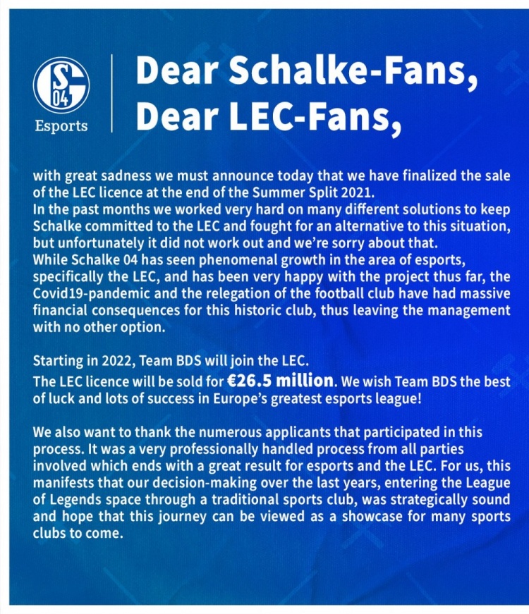 LEC赛区S04官宣：BDS以2650万欧元收购沙尔克04的联赛席位
