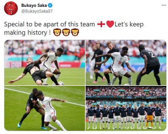 萨卡发推鼓励球队:让我们继续创造历史吧!???