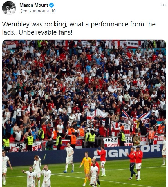 芒特发推：温布利都在沸腾！兄弟们的表现太精彩了