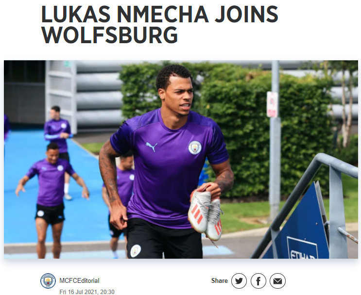 官方:曼城前锋恩梅查加盟沃尔夫斯堡,转会费预计1120万镑