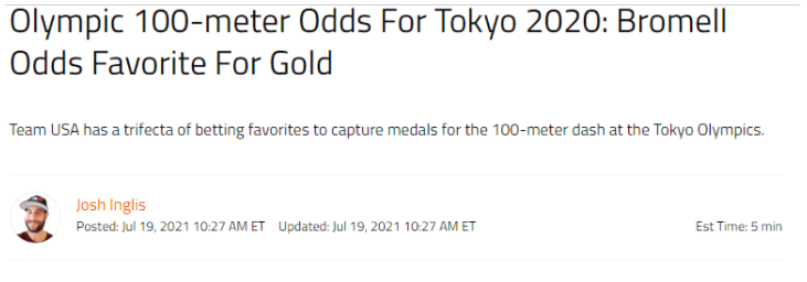 奥运夺冠赔率布罗梅尔居首 苏炳添第8被看好进决赛