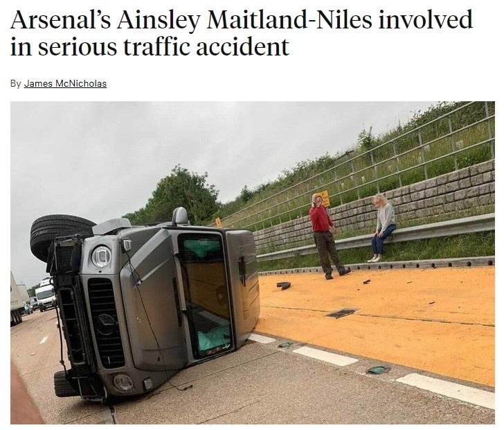 Athletic：阿森纳小将奈尔斯遭遇车祸，没有受伤