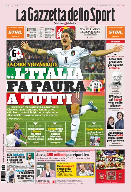 意甲今日头版：意大利让所有人害怕 尤文增资4亿欧元