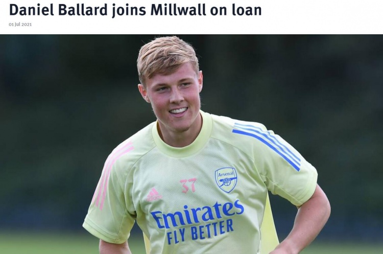 官方:阿森纳21岁中卫巴拉德租借加盟英冠球队米尔沃尔
