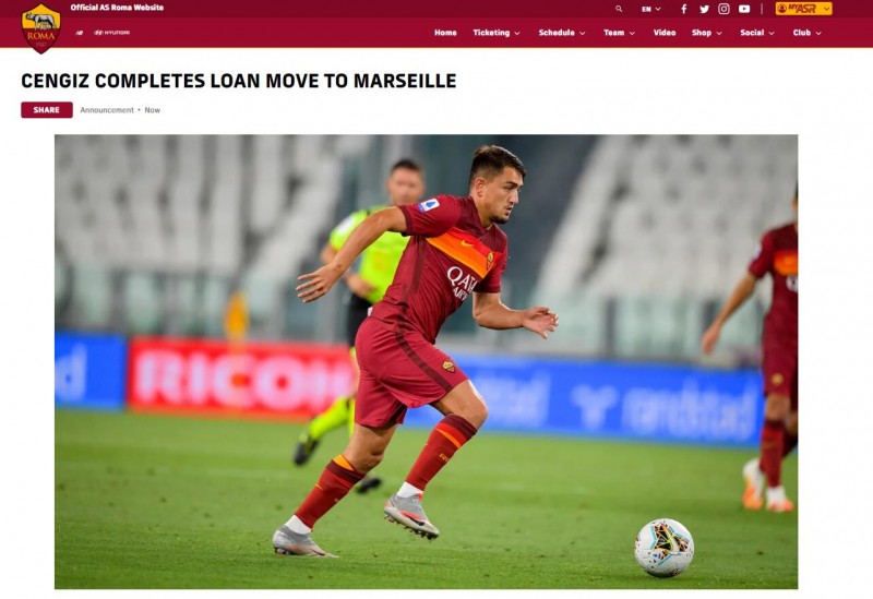 官方：罗马边锋云德尔租借加盟马赛1年，合同包含840万欧买断选项