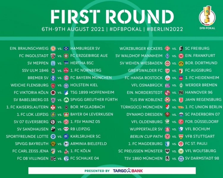 德国杯首轮对阵:拜仁vs第五级别不莱梅SV,多特vs德丙威斯巴登