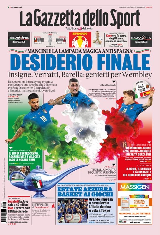 意甲今日头版:意大利渴望进决赛 穆帅第一签帕特里西奥