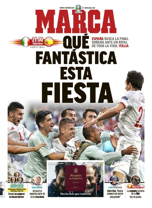 西甲今日头版：西班牙冲击欧洲杯决赛 安切洛蒂二期皇马起航