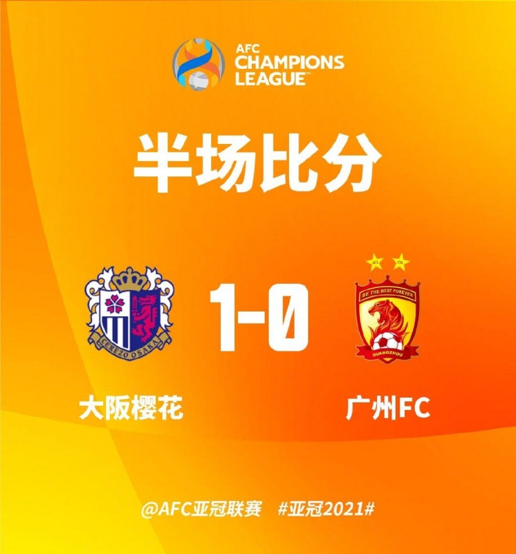 半场-广州0-1大阪樱花,广州队大门33分钟失守 射门1-15