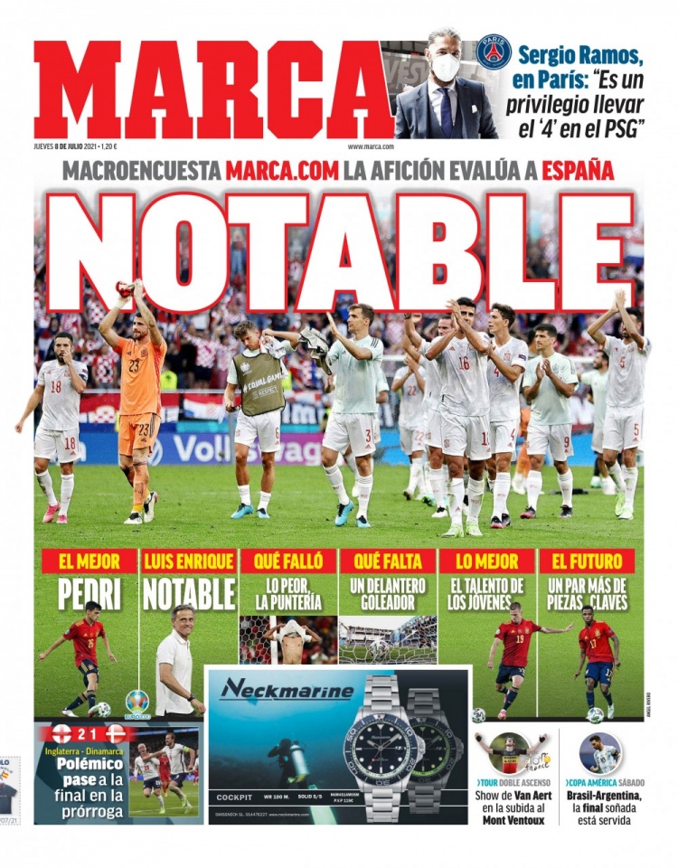 西甲今日头版:西班牙表现获得高分 梅西带领阿根廷进美洲杯决赛