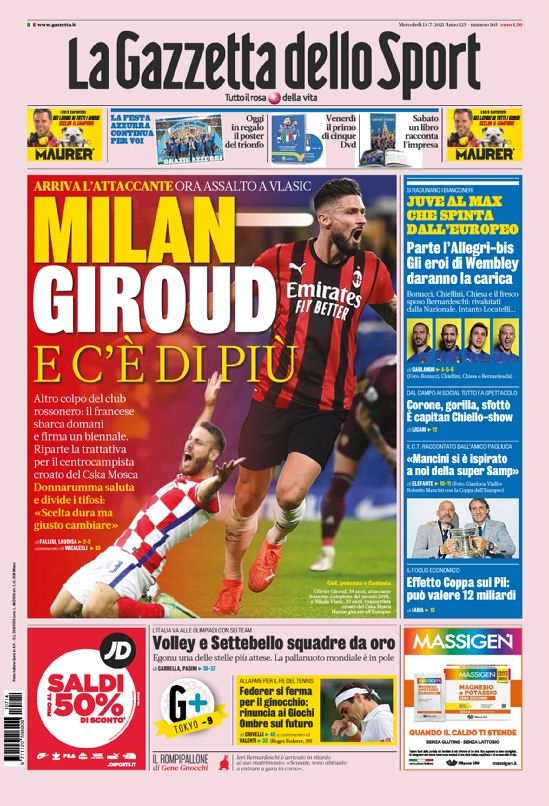 意甲今日头版：米兰拿下吉鲁 欧足联侮辱基耶利尼