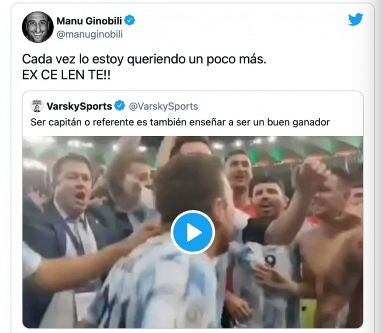 吉诺比利祝贺梅西赢得美洲杯冠军：每天都多爱他一点点