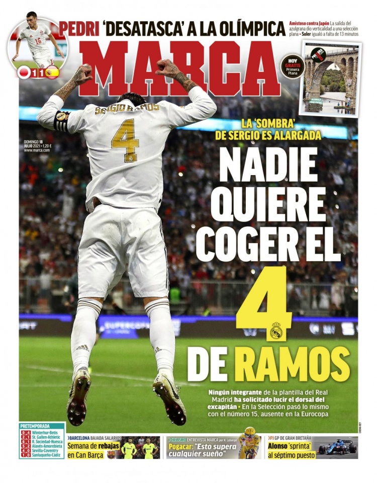西甲今日头版：没人想穿拉莫斯的皇马4号球衣 佩德里是一块金子