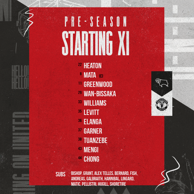 热身赛-德比郡vs曼联首发:格林伍德、马塔出战,钟塔西在列