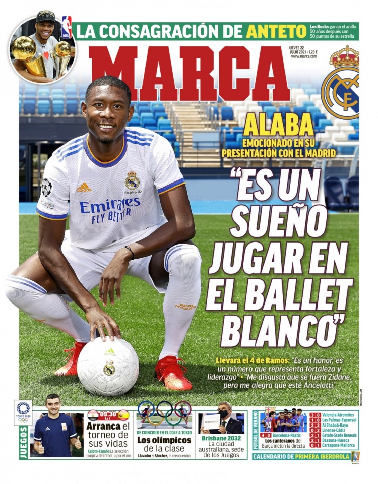 西甲今日头版:阿拉巴亮相皇马接过4号战袍 巴萨首场热身赛大胜