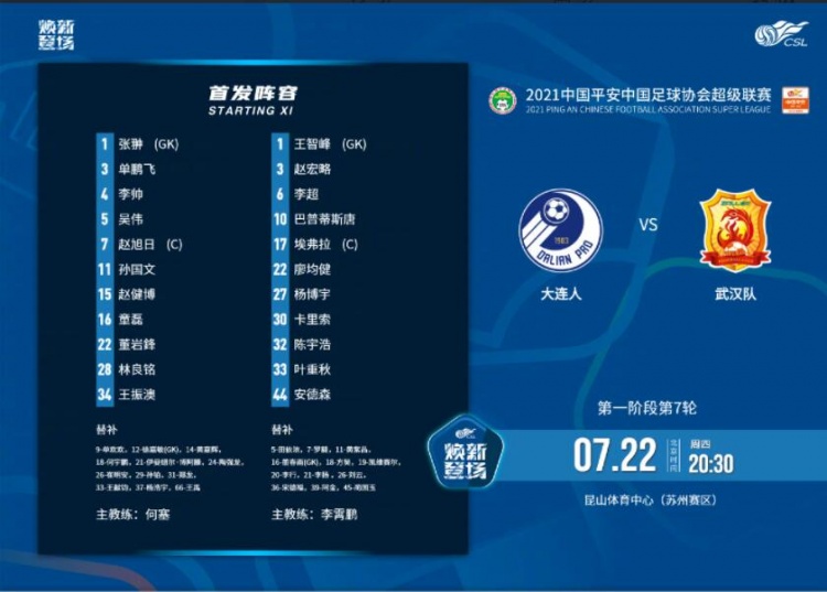 大连人vs武汉队首发:大连全华班PK武汉四外援