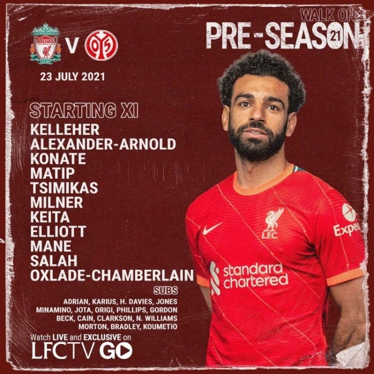 热身赛-利物浦vs美因茨首发：萨拉赫、马内、张伯伦先发