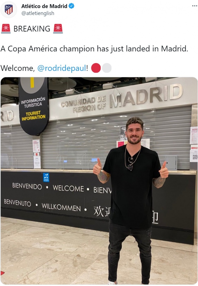 马竞官推:德保罗抵达马德里,欢迎!