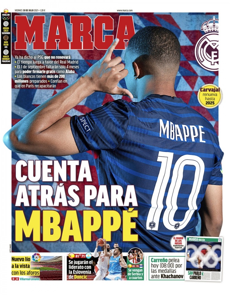 西甲今日头版：皇马续约卡瓦哈尔至2025年 科曼给巴萨球员们上量