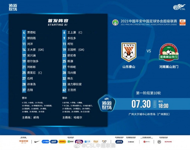 山东泰山vs河南嵩山龙门首发:四外援PK双外援,贾德松首秀