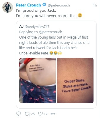 ?英国小伙将克劳奇名字纹在屁股上 克劳奇调皮回复