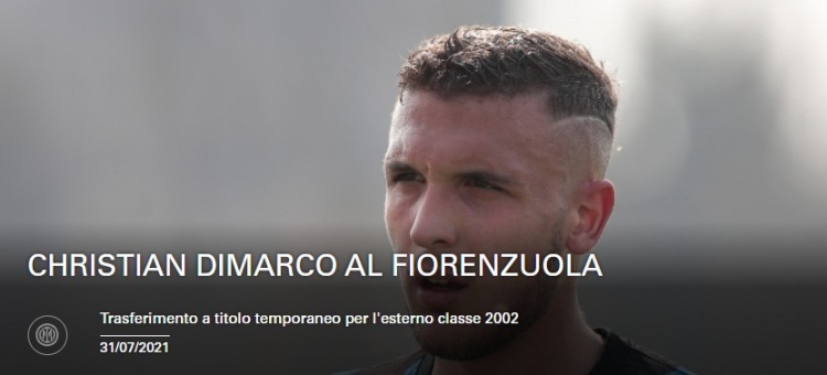 国米官方：19岁边后卫克里斯蒂安-迪马尔科外租至意丙球队